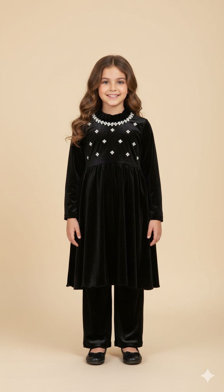 🖤 SnowPetal Velvet Top – Black Winter Elegance (Girls 3–12 Years) Single Piece Top