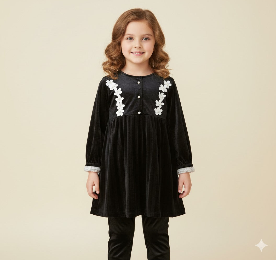 π€ Royal Bloom Velvet Dress β Black & White (Girls 3β12 Years) Single Piece Top