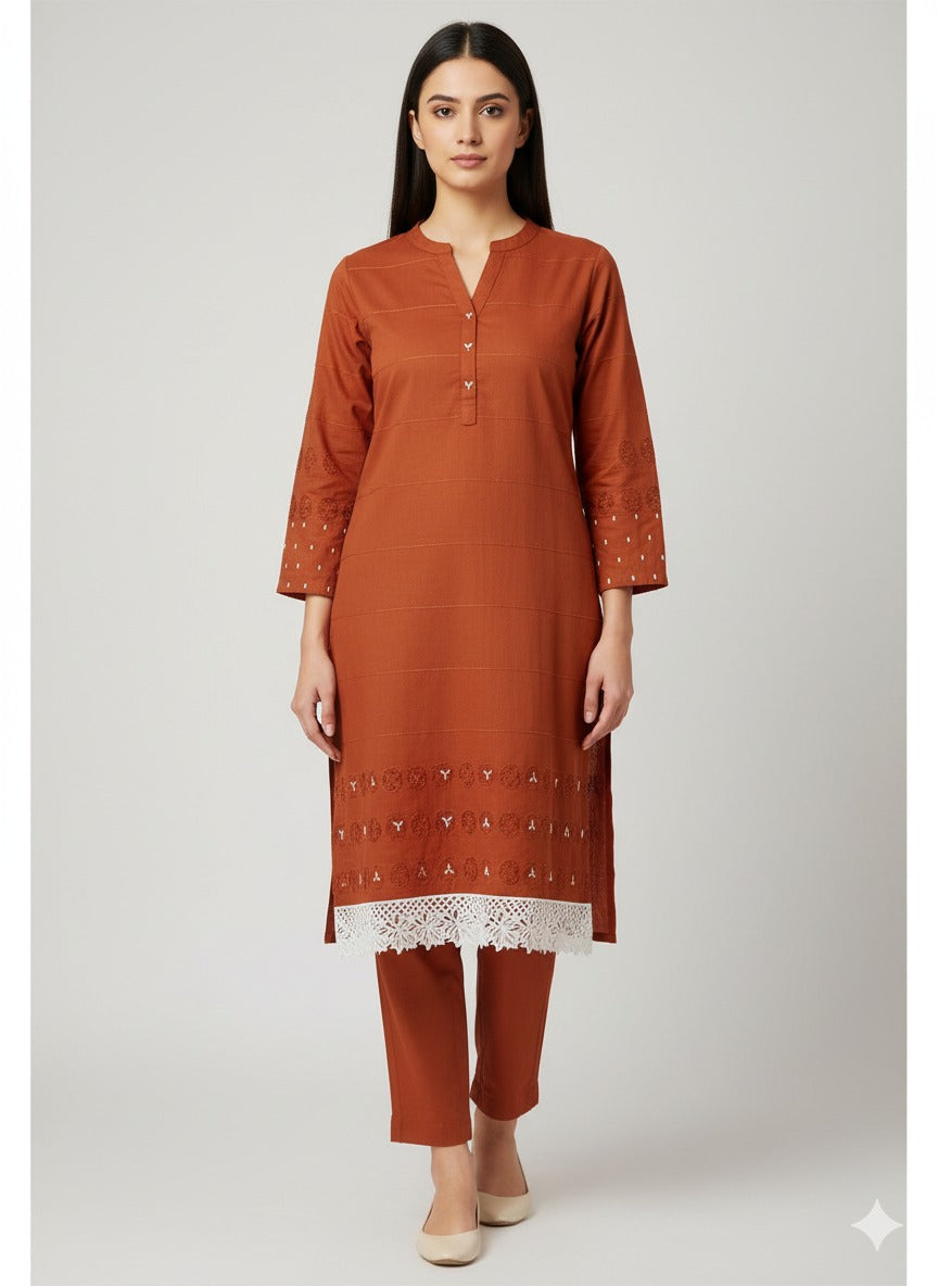 Amber Grace Wool Suit โ Elegant Winter Ensemble in Burnt Orange