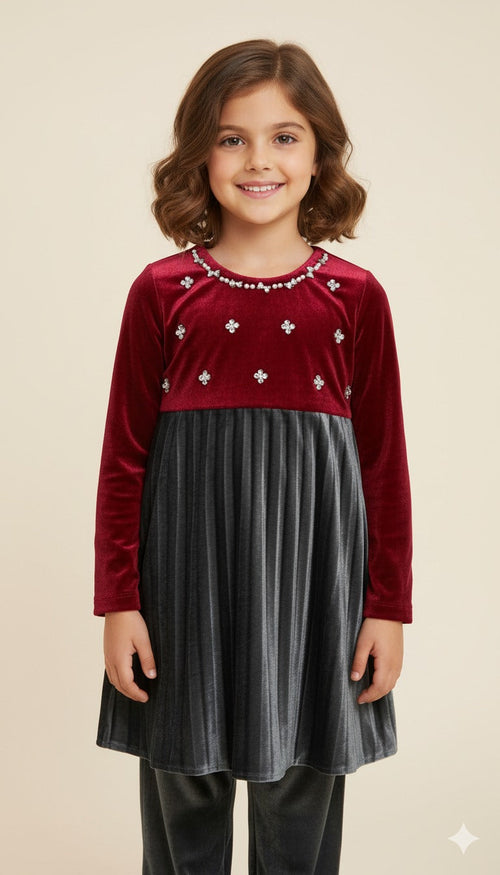 ❤️ Velvet Charm Two-Tone Dress – Maroon & Grey (Girls 3–12 Years) Random Single Piece Top