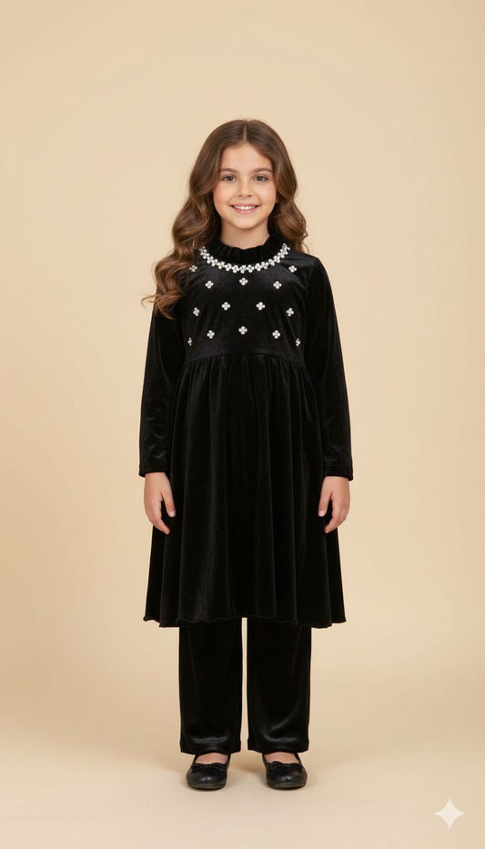 🖤 SnowPetal Velvet Top – Black Winter Elegance (Girls 3–12 Years) Single Piece Top