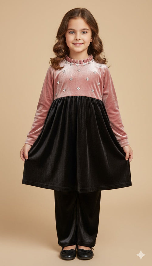 💖 Velvet Grace Two-Tone Dress – Pink & Black (Girls 3–12 Years) Random Single Piece Top